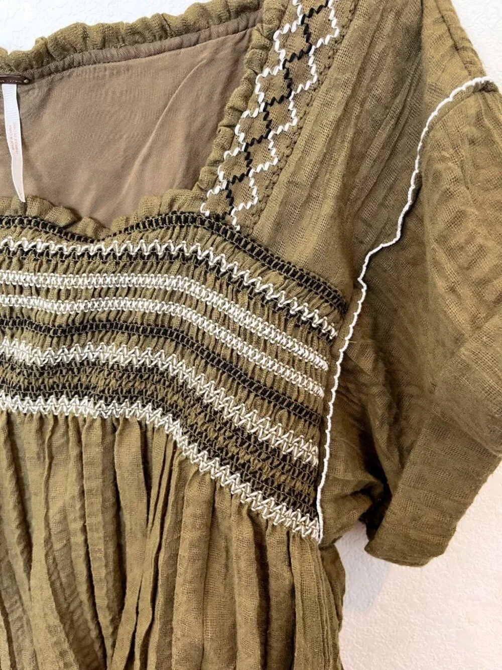 Free People Wandering Skies Blouse Smocked Moss Green L